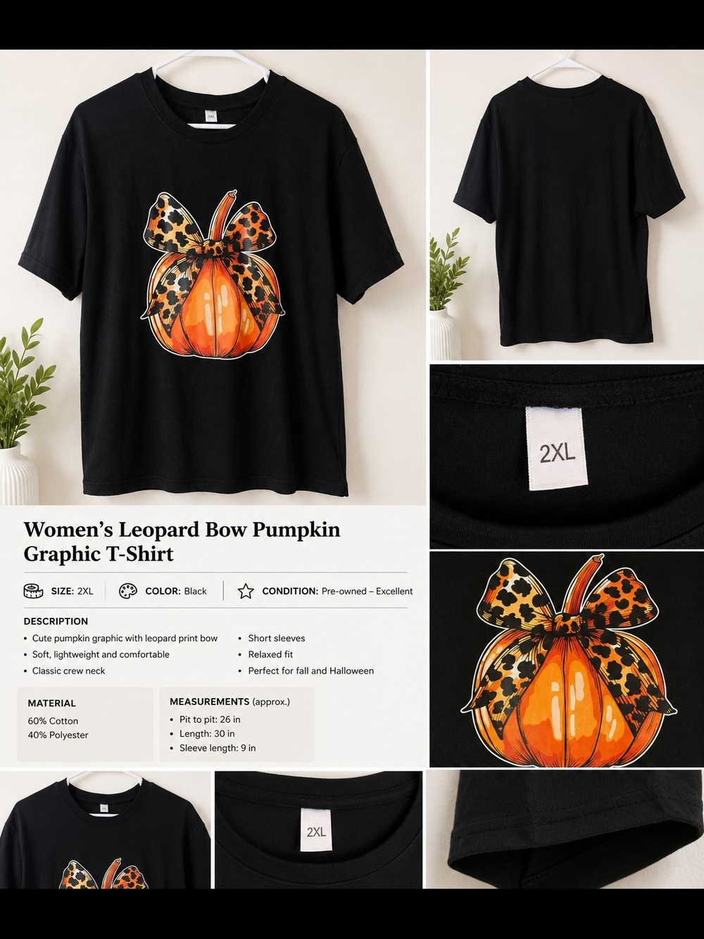 Women's Black Pumpkin Leopard Bow Graphic T-Shirt 2XL Halloween Short Sleeve Tee